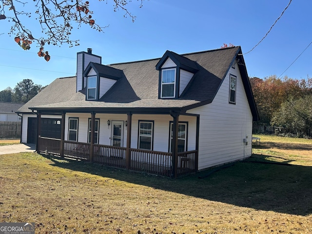 cape cod home with a porch, a garage, and a front yard