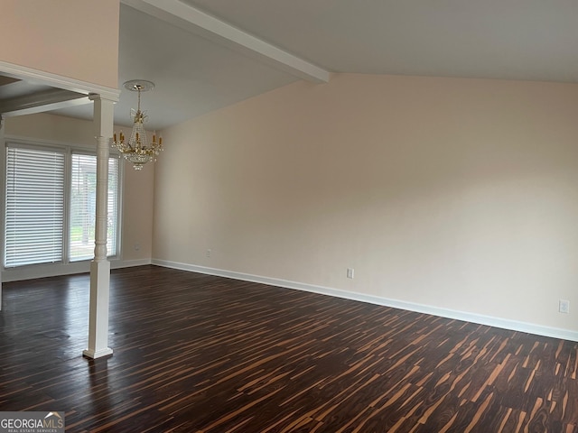 spare room with dark hardwood / wood-style flooring, vaulted ceiling with beams, and a chandelier