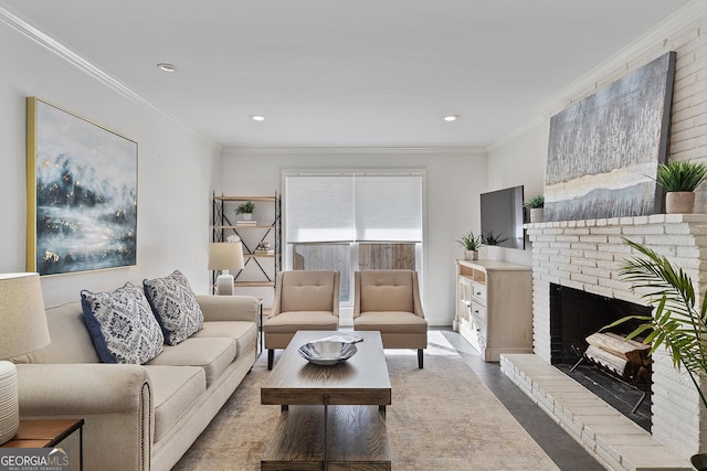 living room featuring a fireplace, crown molding, and wood-type flooring