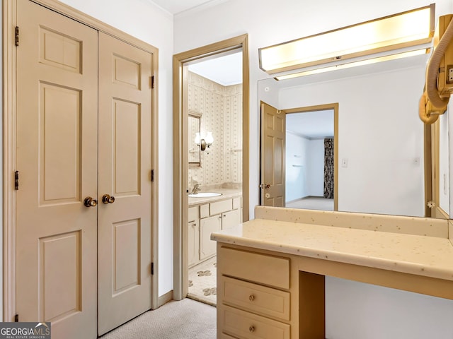 bathroom featuring ornamental molding and vanity