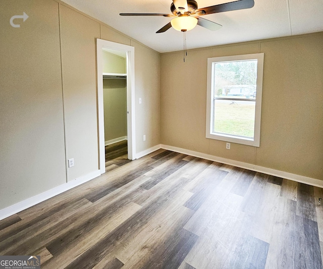 unfurnished bedroom featuring wood-type flooring, a spacious closet, ceiling fan, and a closet