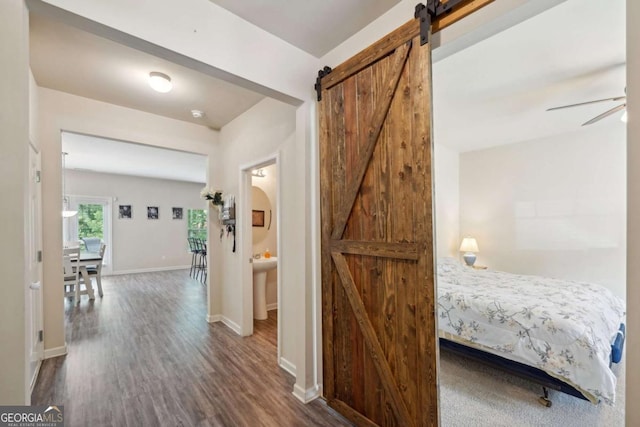 corridor with a barn door and dark wood-type flooring