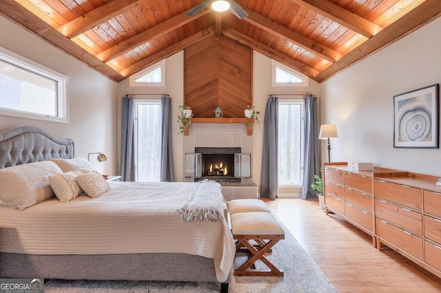 bedroom with multiple windows, a fireplace, beam ceiling, and wooden ceiling