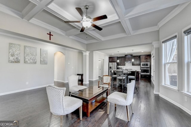 dining space with beam ceiling, coffered ceiling, and dark hardwood / wood-style floors