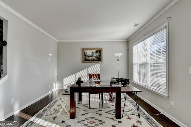 office space with hardwood / wood-style flooring and ornamental molding