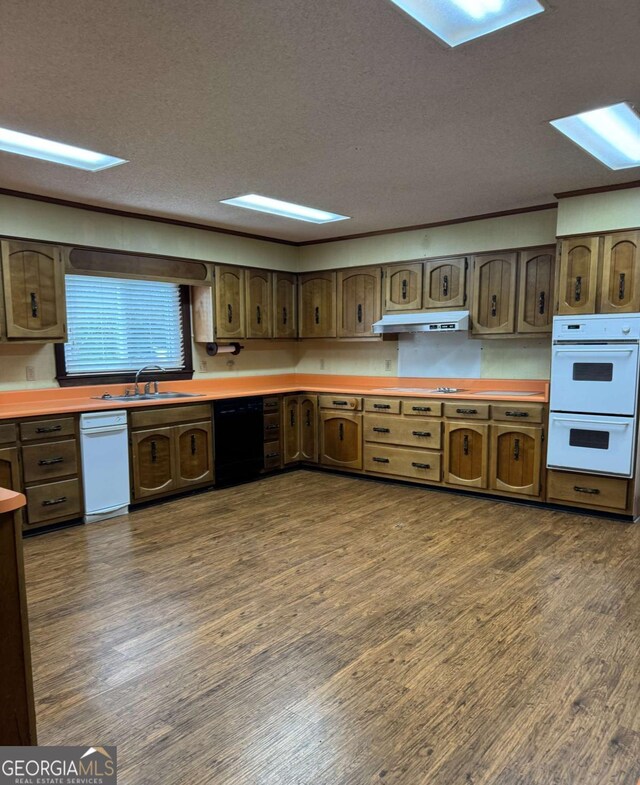 123 Blount St, Reidsville, GA 30453 - kitchen with a sink, double oven, dishwasher, under cabinet range hood, and dark wood-style floors