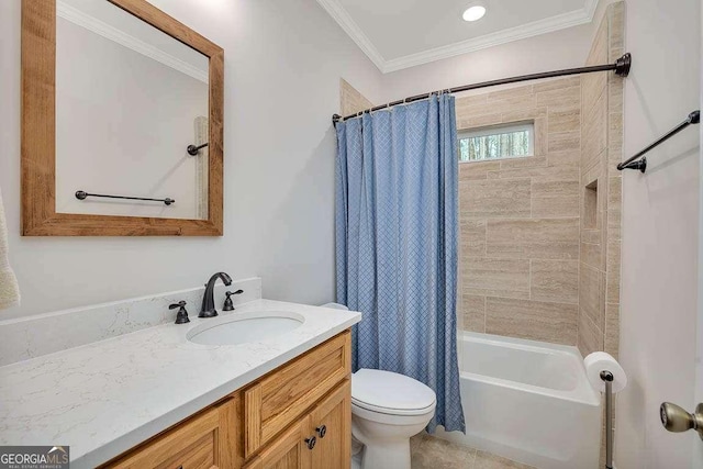 bathroom featuring ornamental molding, shower / tub combo with curtain, vanity, and toilet