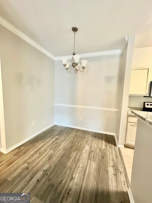 1704 Frederica Rd Unit 325, Saint Simons, GA 31522 - unfurnished dining area with ornamental molding, light wood-type flooring, and a chandelier