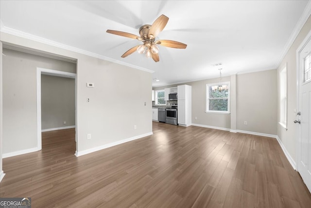 unfurnished living room featuring crown molding, dark hardwood / wood-style floors, and ceiling fan with notable chandelier