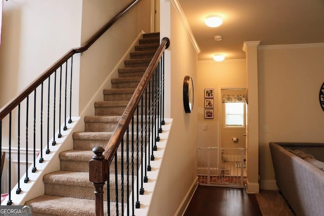 staircase featuring hardwood / wood-style flooring and crown molding