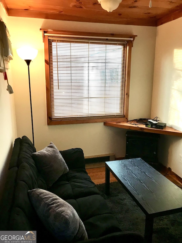 living room with wooden ceiling