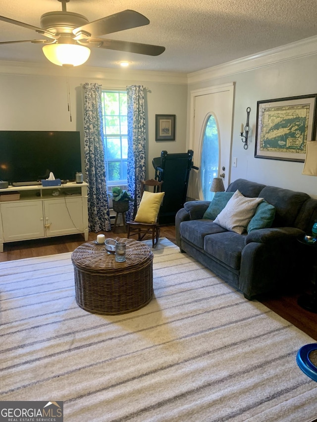 living room featuring crown molding, ceiling fan, light hardwood / wood-style flooring, and a textured ceiling