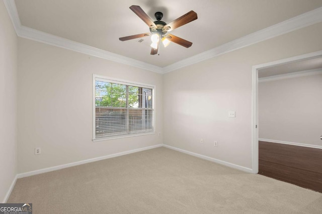 carpeted empty room featuring crown molding and ceiling fan