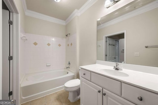 full bathroom featuring shower / tub combination, tile patterned flooring, vanity, ornamental molding, and toilet