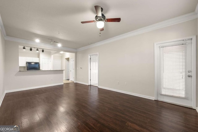 unfurnished living room featuring dark hardwood / wood-style flooring, ornamental molding, and ceiling fan