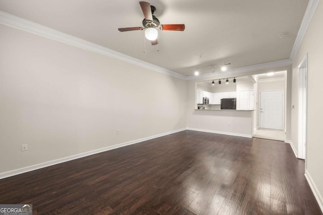 unfurnished living room with crown molding, dark hardwood / wood-style floors, track lighting, and ceiling fan