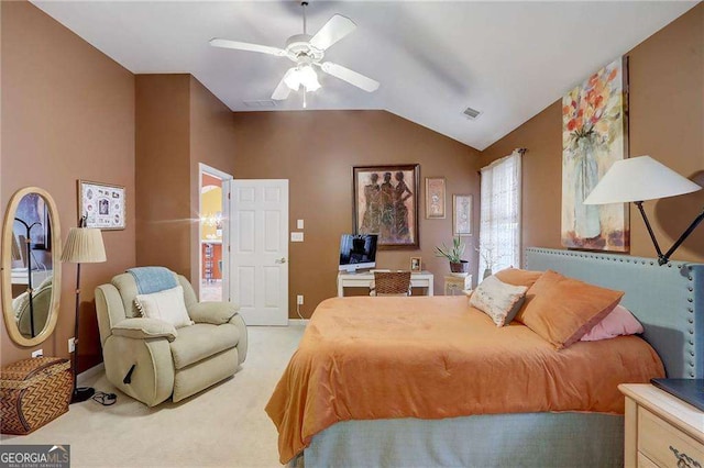 bedroom with lofted ceiling, light colored carpet, and ceiling fan