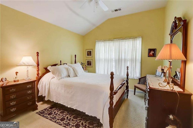 bedroom featuring lofted ceiling, light carpet, and ceiling fan