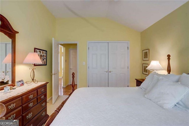 bedroom with vaulted ceiling and a closet