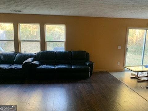 living room featuring hardwood / wood-style floors and a textured ceiling