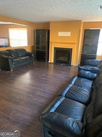 living room with a healthy amount of sunlight, dark wood-type flooring, and a textured ceiling