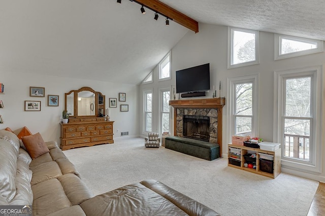 living room featuring a wealth of natural light, beamed ceiling, a textured ceiling, and carpet