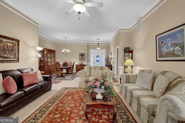 living room with light carpet, ceiling fan with notable chandelier, and ornamental molding