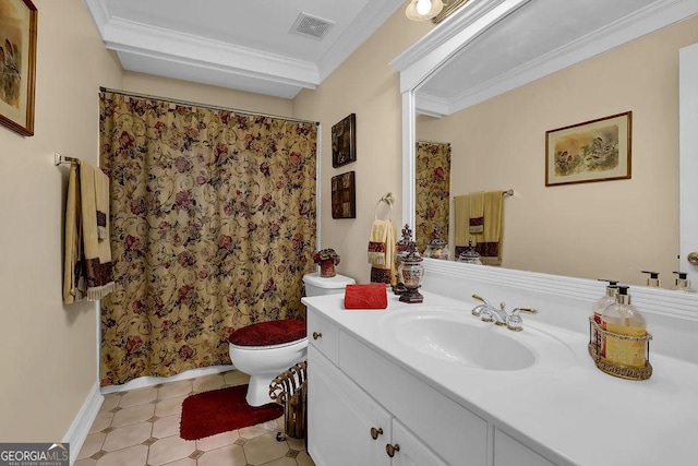 bathroom featuring vanity, ornamental molding, and toilet