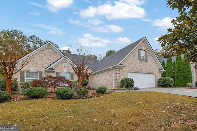 view of property with a garage and a front lawn