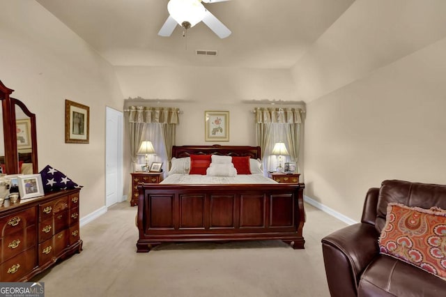 bedroom with light colored carpet and ceiling fan