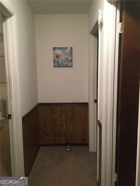 hallway featuring light colored carpet and wooden walls