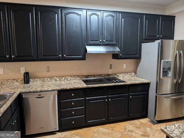 kitchen with crown molding, appliances with stainless steel finishes, and light stone counters