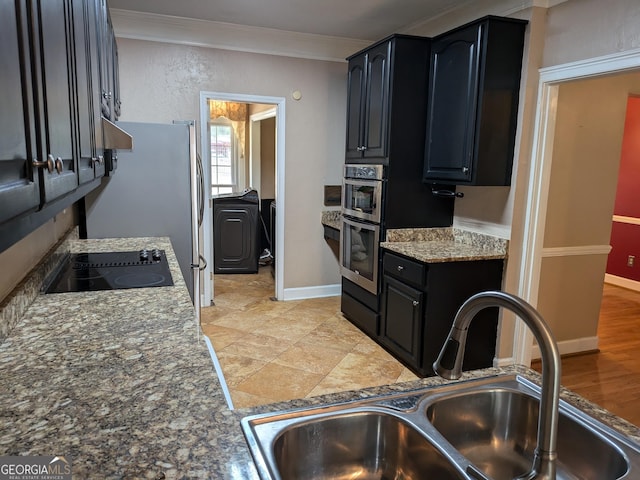 kitchen with sink, ventilation hood, black electric cooktop, ornamental molding, and double oven