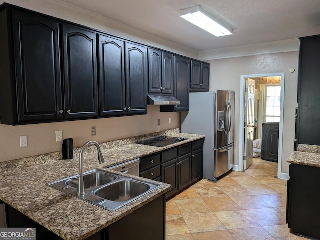 kitchen featuring sink, crown molding, dark stone countertops, stainless steel refrigerator with ice dispenser, and black electric cooktop