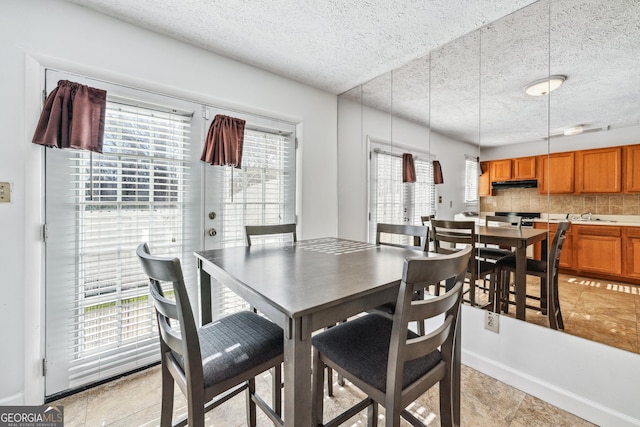 dining room with a textured ceiling, baseboards, and a healthy amount of sunlight