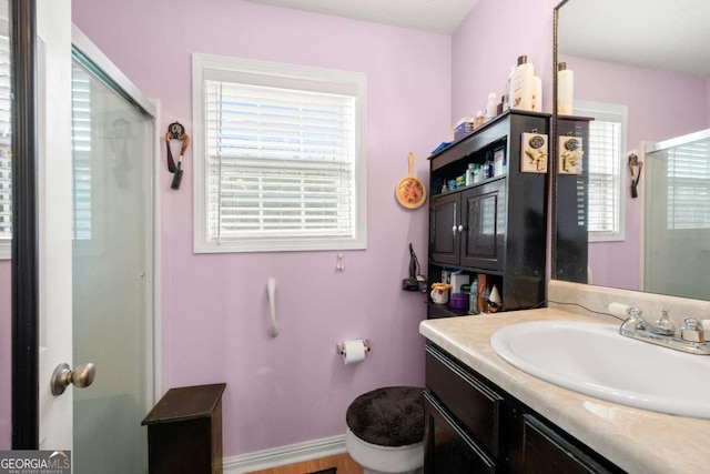 bathroom with vanity, a healthy amount of sunlight, toilet, and walk in shower