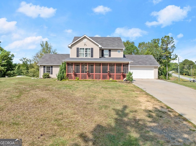 farmhouse-style home with a garage, a front lawn, and a sunroom