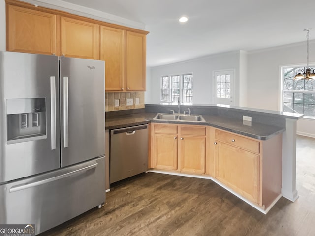 kitchen featuring sink, plenty of natural light, stainless steel appliances, and kitchen peninsula