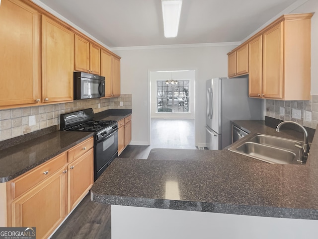 kitchen with tasteful backsplash, sink, ornamental molding, and black appliances