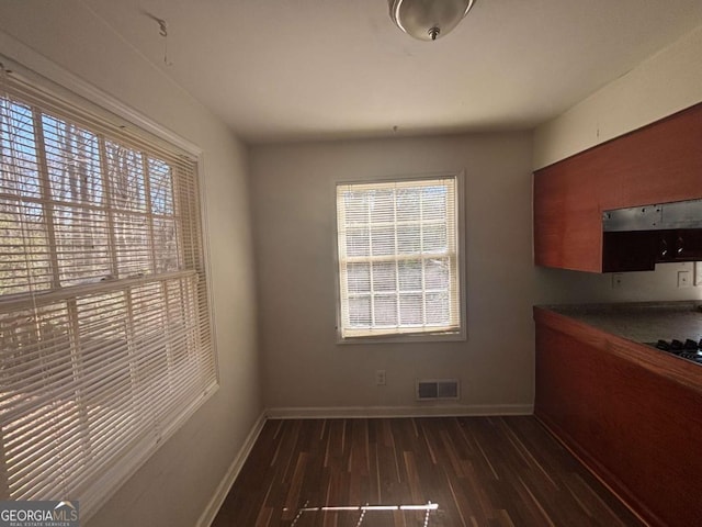 unfurnished dining area with dark wood-type flooring and a healthy amount of sunlight