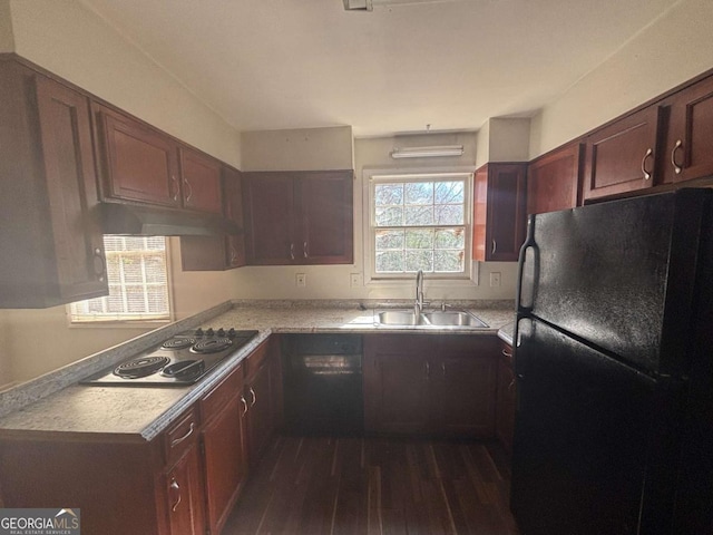 kitchen with dark hardwood / wood-style floors, sink, and black appliances