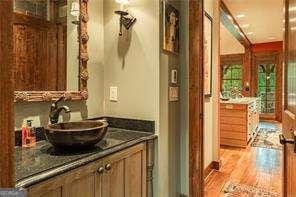 bathroom featuring wood finished floors and vanity