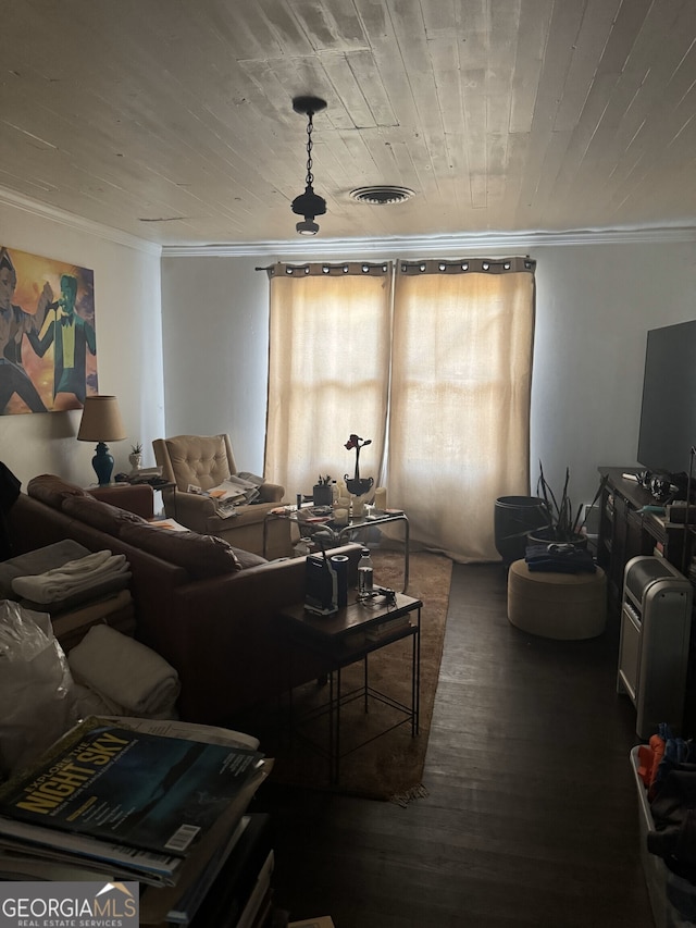 living room featuring crown molding, dark hardwood / wood-style floors, and wood ceiling
