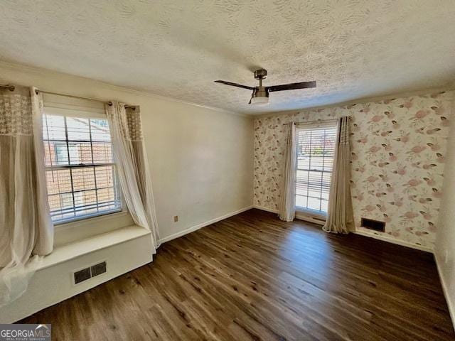 spare room with dark hardwood / wood-style flooring, a textured ceiling, and a healthy amount of sunlight