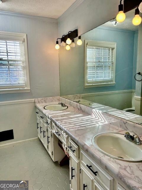 bathroom featuring ornamental molding, vanity, and a textured ceiling