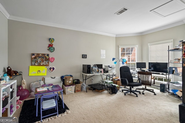 carpeted home office featuring ornamental molding