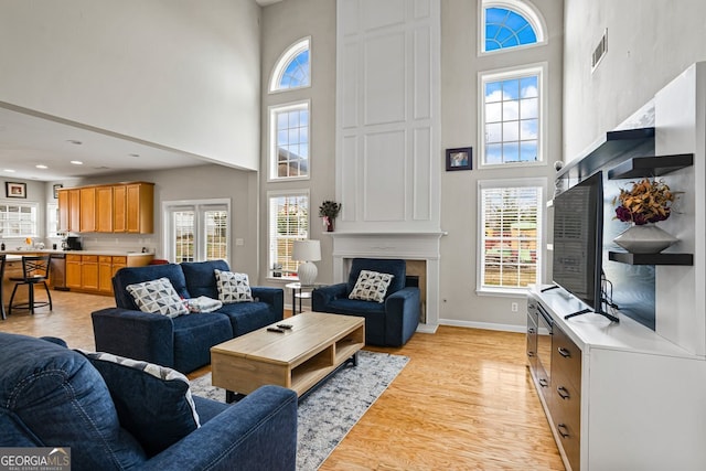 living room with a large fireplace, a high ceiling, and light wood-type flooring