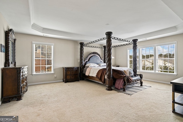 carpeted bedroom with ornamental molding and a tray ceiling