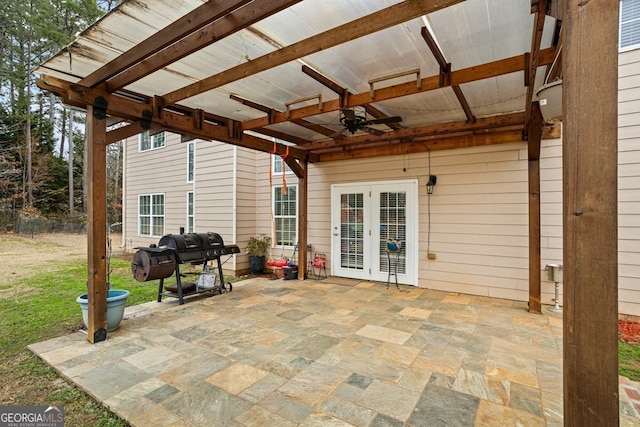 view of patio / terrace with french doors, ceiling fan, and grilling area