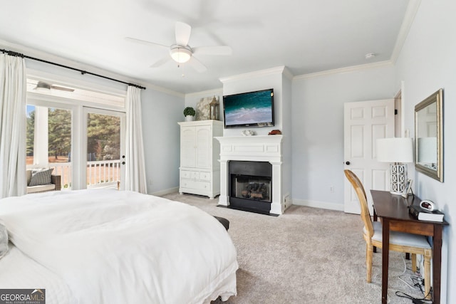 bedroom with access to exterior, ornamental molding, light colored carpet, and ceiling fan